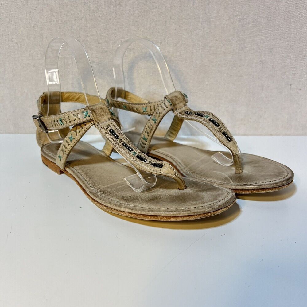 Frye Carson Boho Thong Sandals Women 8.5 Tan Leather Beaded‎ Stitched Bohemian